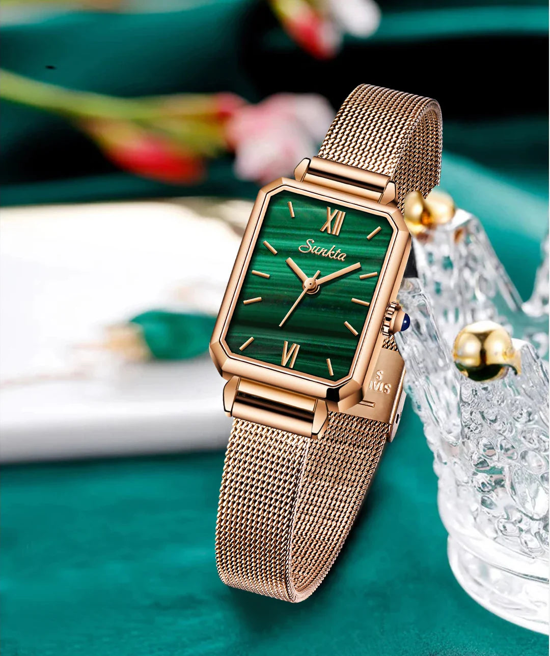 Women's Rectangular Green Dial Mesh Band Quartz Watch