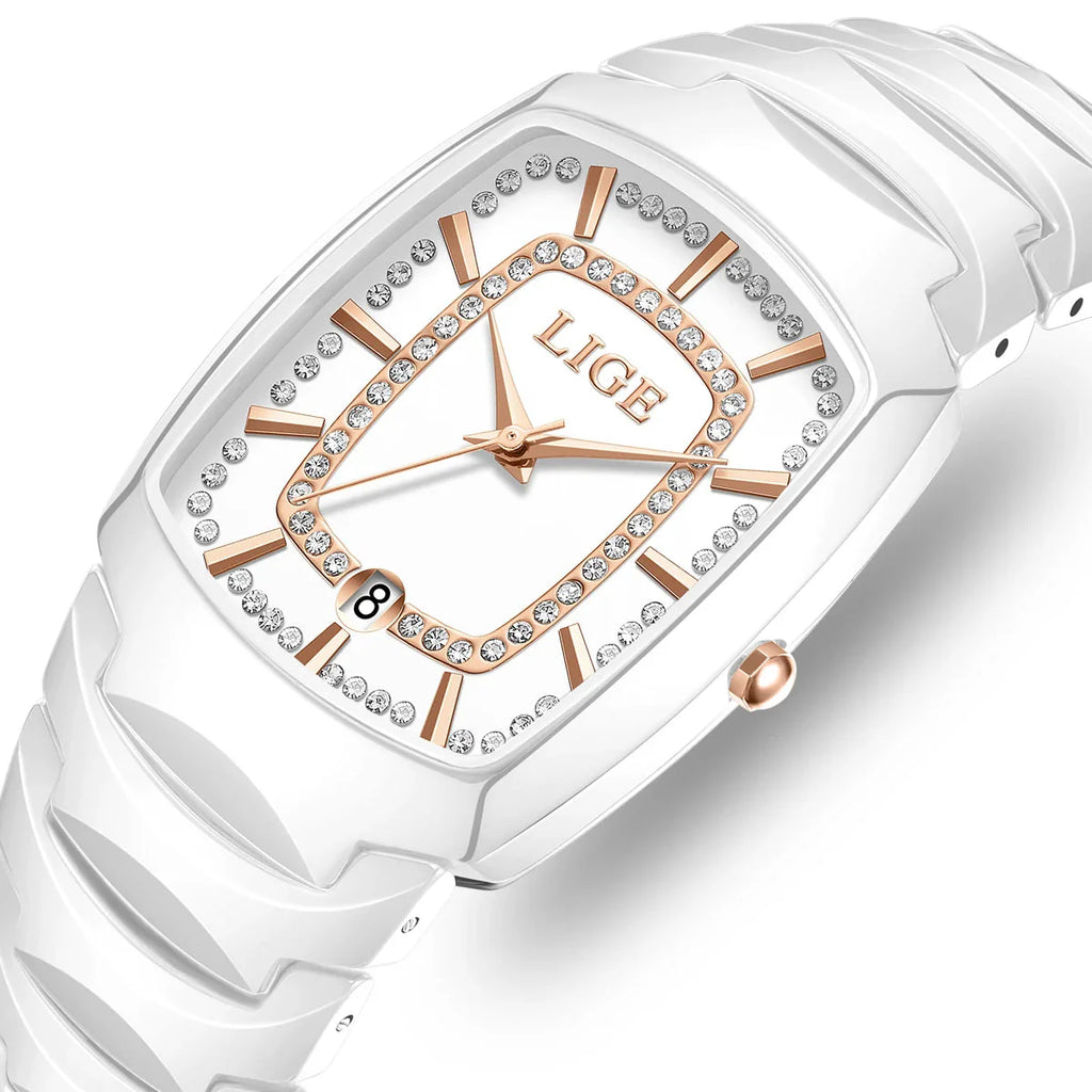 Women's White Ceramic Crystal Bracelet Watch Quartz Gift
