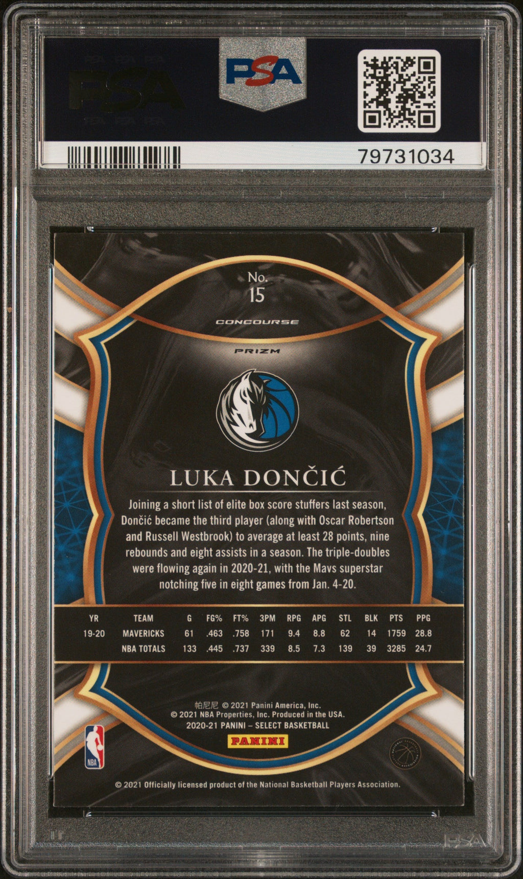 Graded 2020 Panini Select Luka Doncic #15 Blue Prizm Basketball Card PSA 10 Gem Mint