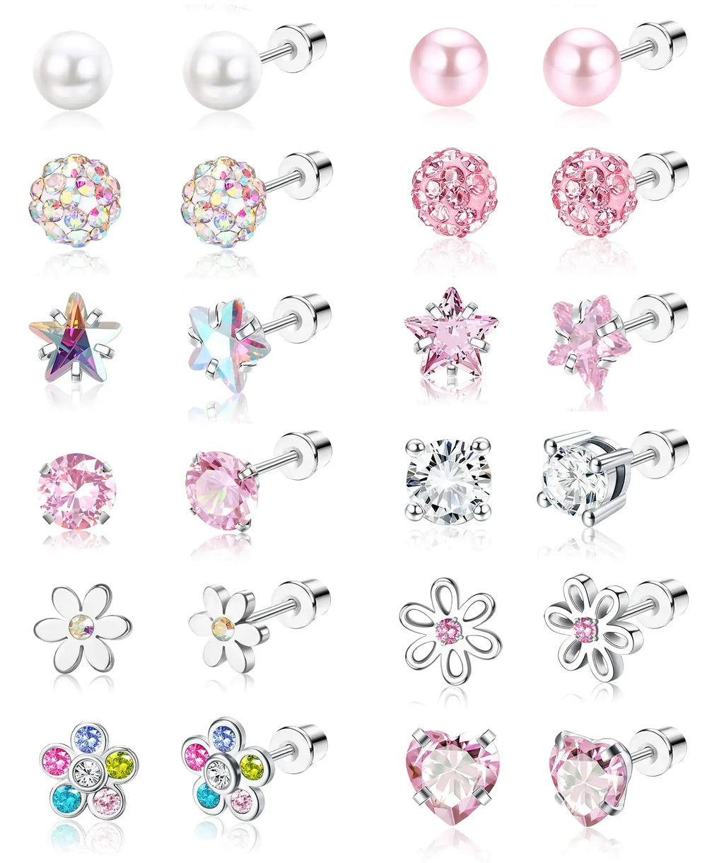 SAILIMUE 12 Pairs Hypoallergenic Screw Back Earrings – Surgical Steel Heart, CZ, Flower, Pearl, & Ball Studs for Women & Girls