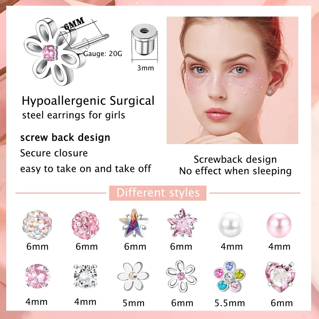 SAILIMUE 12 Pairs Hypoallergenic Screw Back Earrings – Surgical Steel Heart, CZ, Flower, Pearl, & Ball Studs for Women & Girls