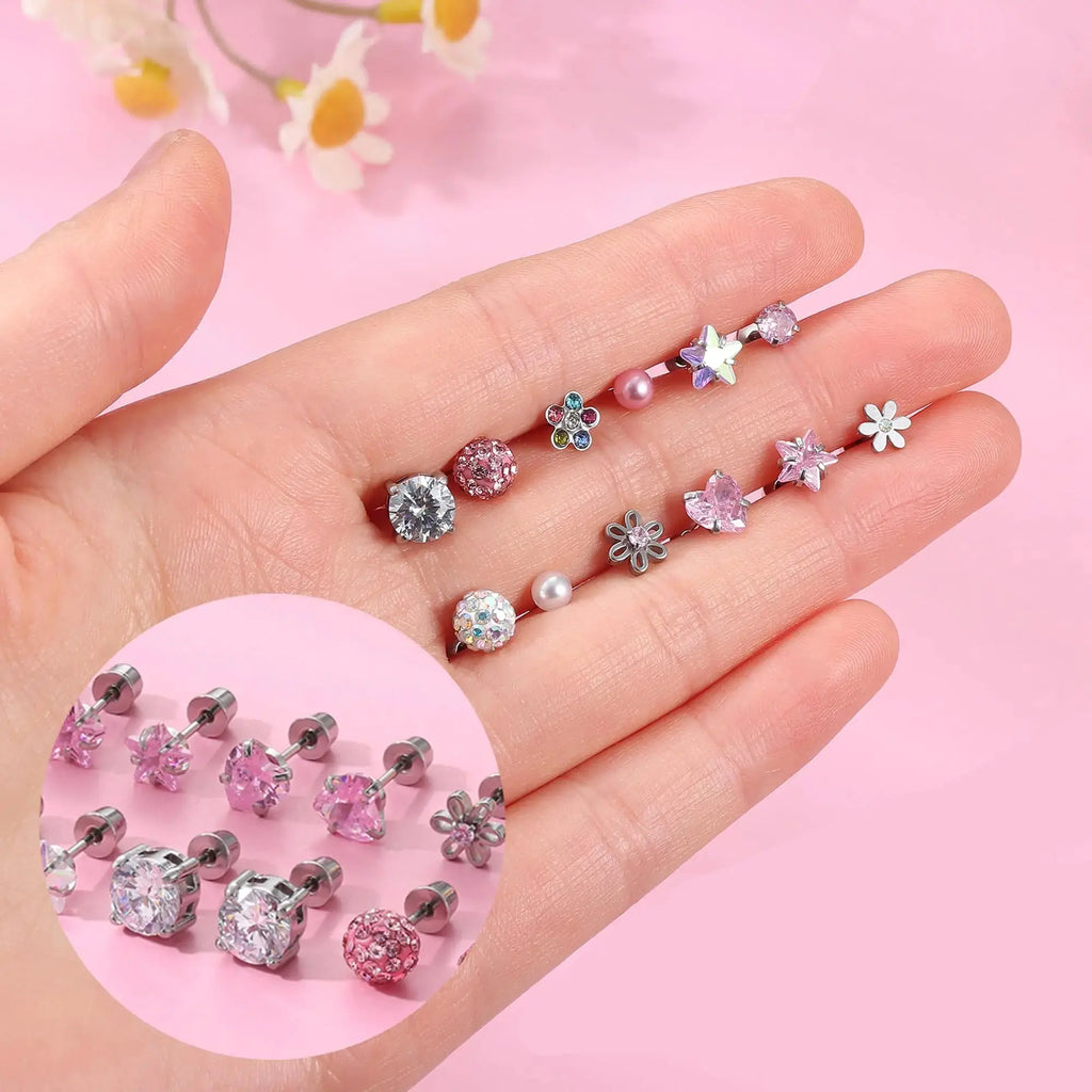SAILIMUE 12 Pairs Hypoallergenic Screw Back Earrings – Surgical Steel Heart, CZ, Flower, Pearl, & Ball Studs for Women & Girls