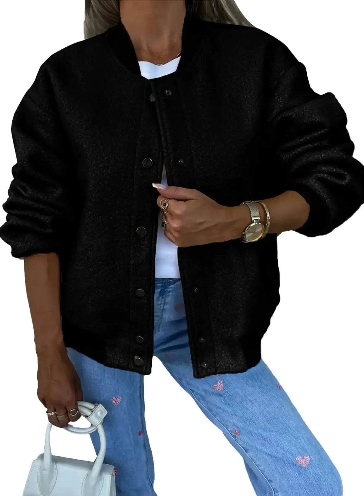 SHEWIN Womens Bomber Jacket - Stand Collar Button Down Jacket