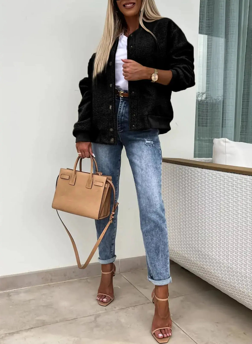 SHEWIN Womens Bomber Jacket - Stand Collar Button Down Jacket