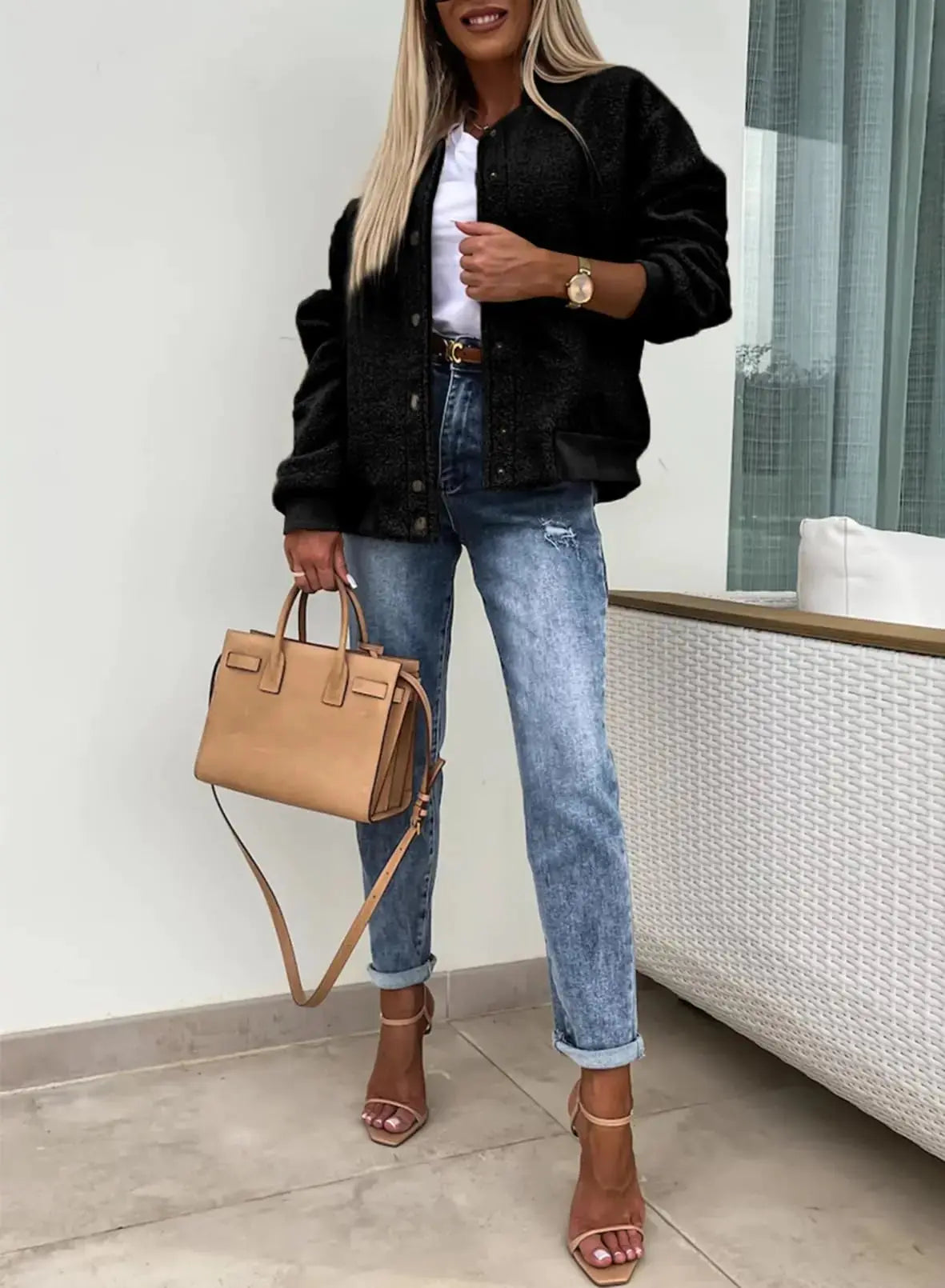 SHEWIN Womens Bomber Jacket - Stand Collar Button Down Jacket