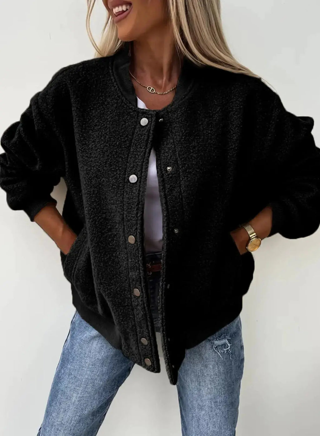 SHEWIN Womens Bomber Jacket - Stand Collar Button Down Jacket