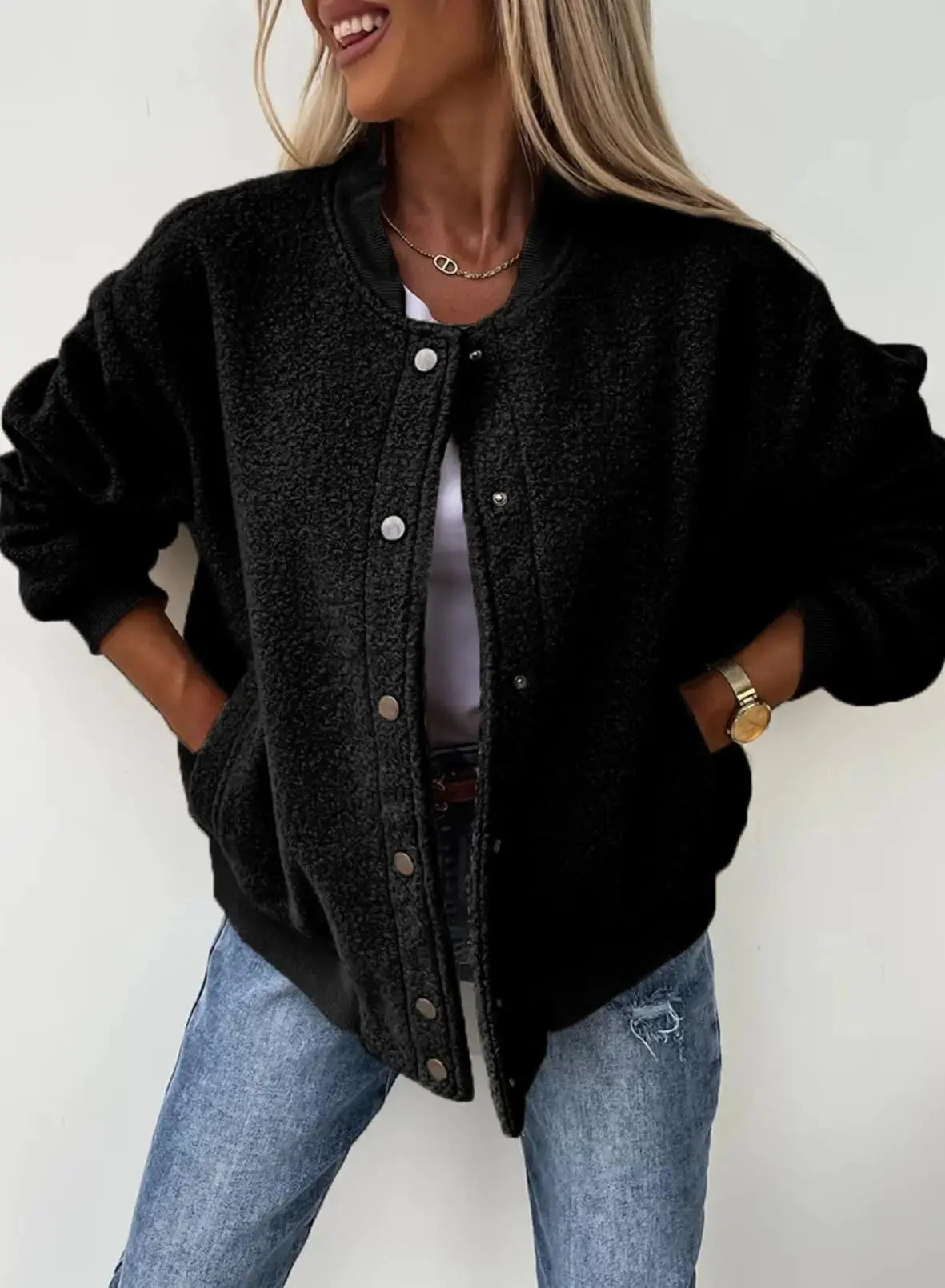 SHEWIN Womens Bomber Jacket - Stand Collar Button Down Jacket