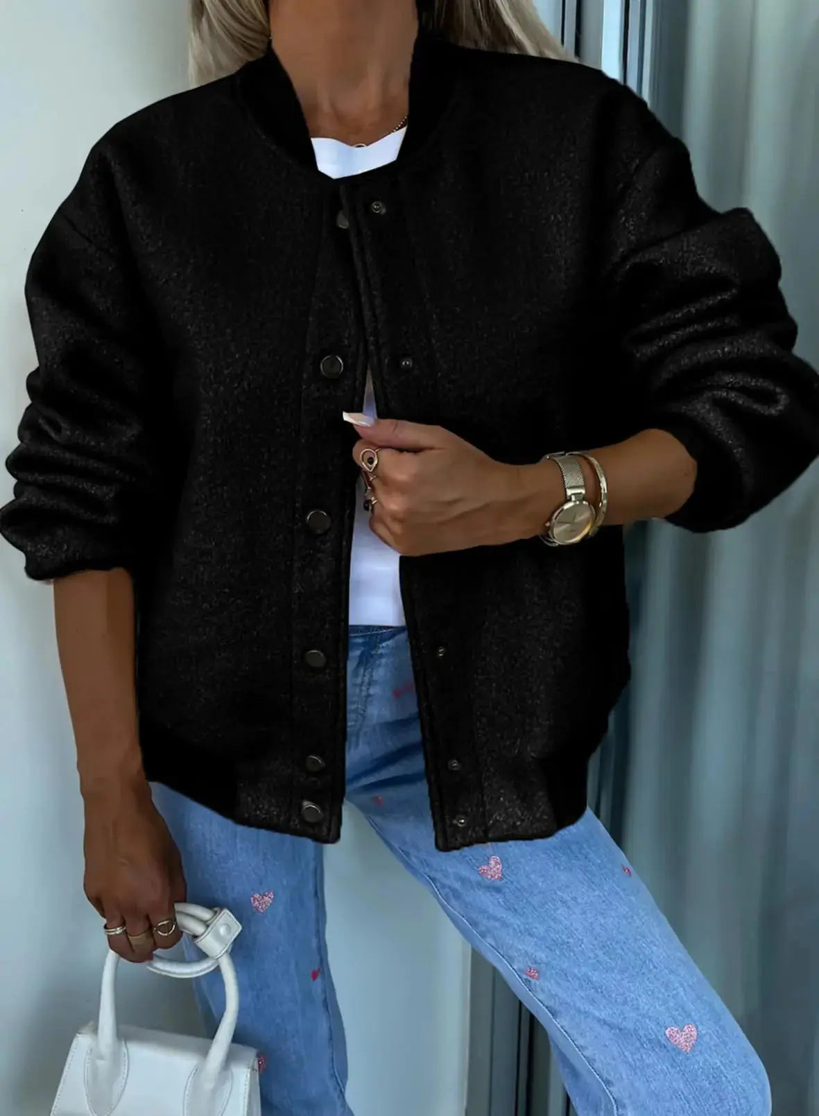 SHEWIN Womens Bomber Jacket - Stand Collar Button Down Jacket