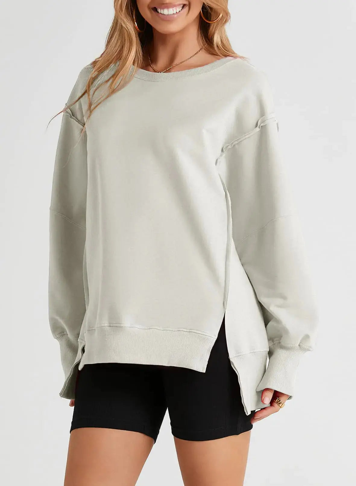 SHEWIN Womens Oversized Reverse Seam Loose Sweatshirt - Casual Long Sleeve Crewneck Lightweight Pullover Top