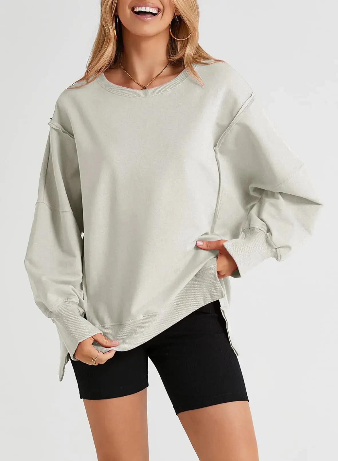 SHEWIN Womens Oversized Reverse Seam Loose Sweatshirt - Casual Long Sleeve Crewneck Lightweight Pullover Top