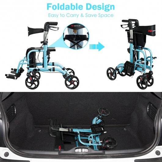 2-in-1 Adjustable Folding Handle Rollator Walker with Storage Space-Blue