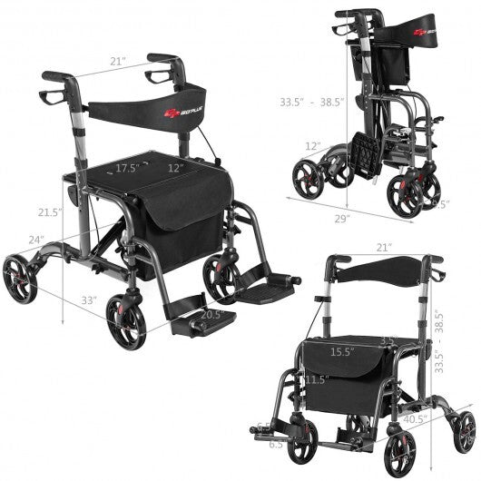 2-in-1 Adjustable Folding Handle Rollator Walker with Storage Space-Blue