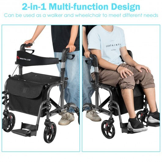 2-in-1 Adjustable Folding Handle Rollator Walker with Storage Space-Blue