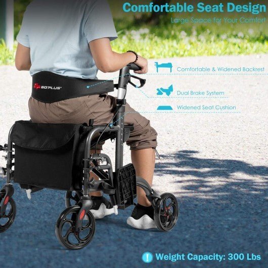 2-in-1 Adjustable Folding Handle Rollator Walker with Storage Space-Blue
