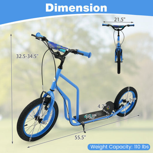 Youth Scooter with Adjustable Handlebar and 16/14-Inch Inflatable Wheels for Age 8+ Years Old-Black