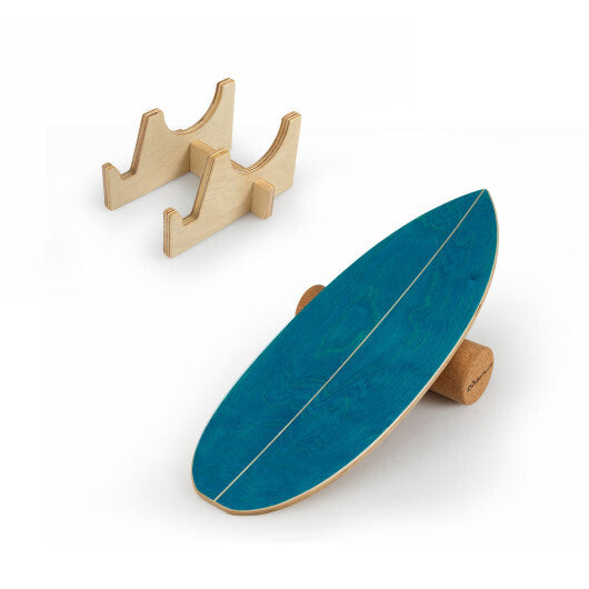Wooden Balancing Board with Cork Roller and Storage Rack to Exercise-Black