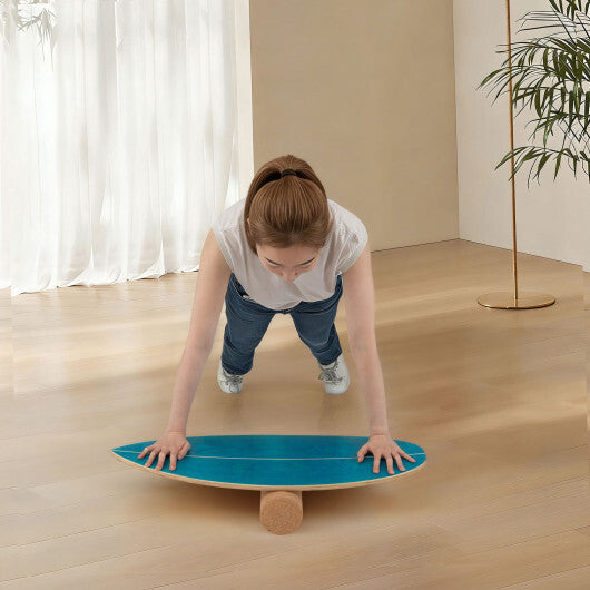 Wooden Balancing Board with Cork Roller and Storage Rack to Exercise-Black