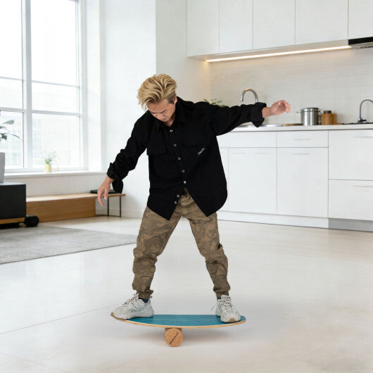Wooden Balancing Board with Cork Roller and Storage Rack to Exercise-Black