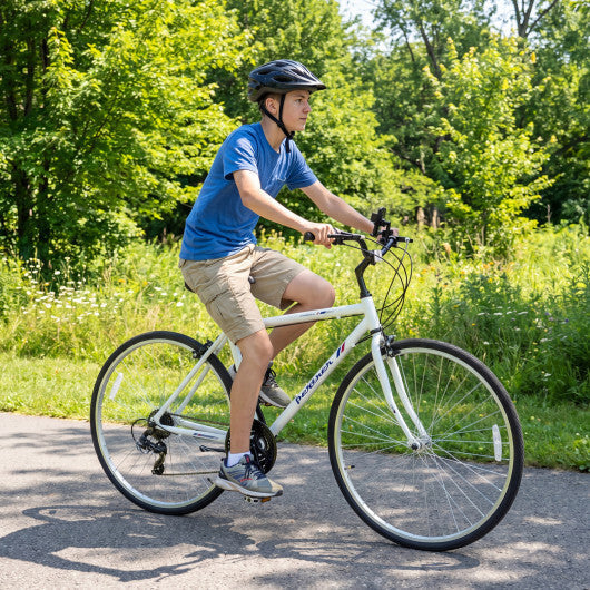 700C Hybrid Bike for Adult with 18-Speed Shimano Drivetrain and Phone Holder-White - Color: White - Size: 700C