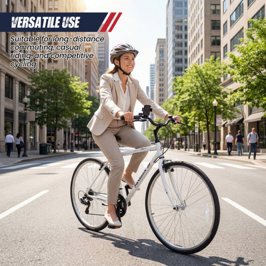 700C Hybrid Bike for Adult with 18-Speed Shimano Drivetrain and Phone Holder-White - Color: White - Size: 700C