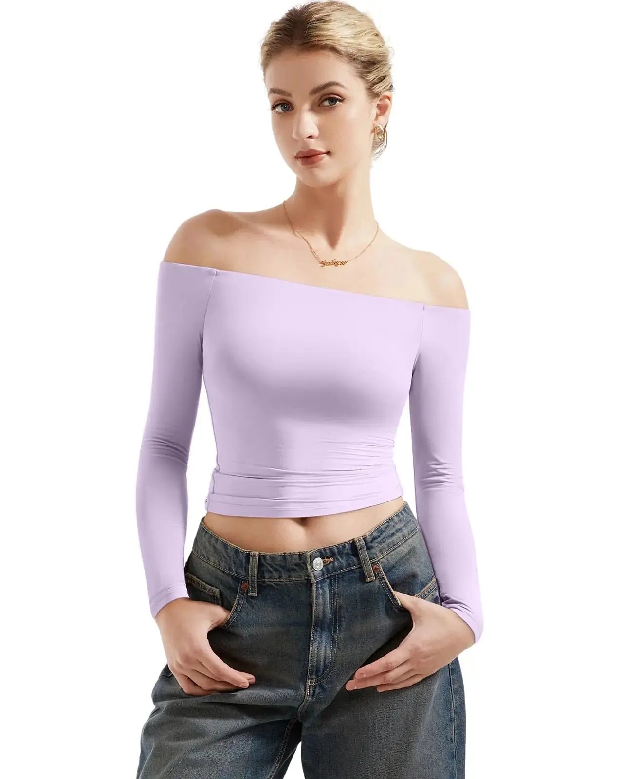 SUUKSESS Women Off Shoulder Double Lined Long Sleeve Shirts - X-Small Lilac