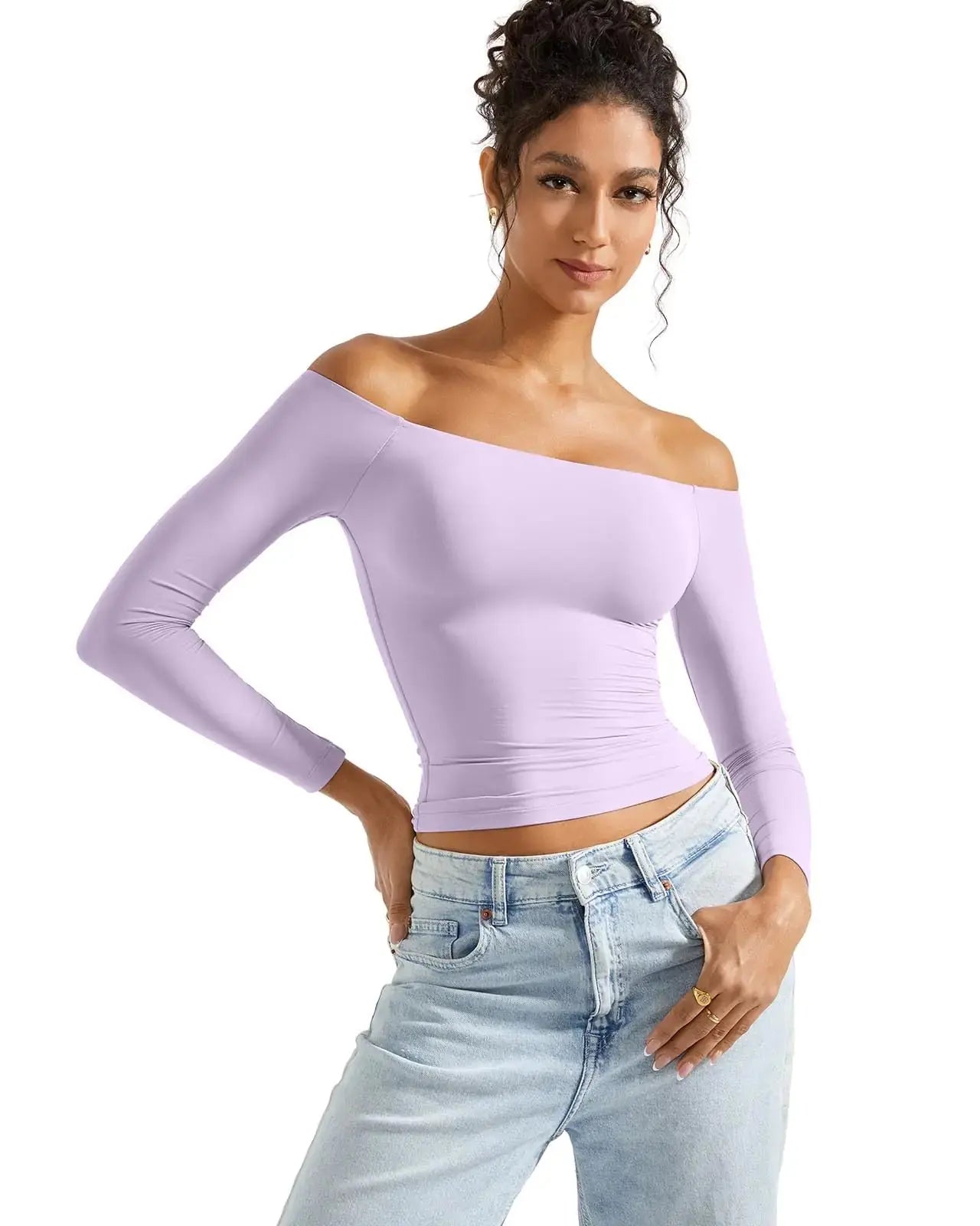 SUUKSESS Women Off Shoulder Double Lined Long Sleeve Shirts - X-Small Lilac