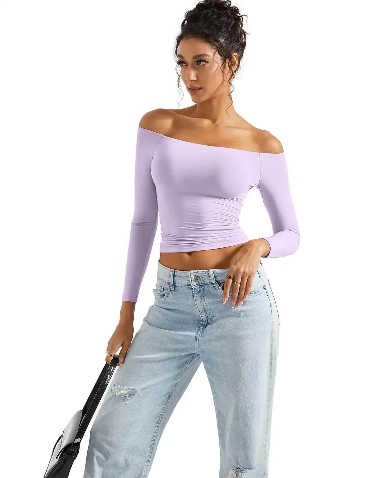 SUUKSESS Women Off Shoulder Double Lined Long Sleeve Shirts - X-Small Lilac