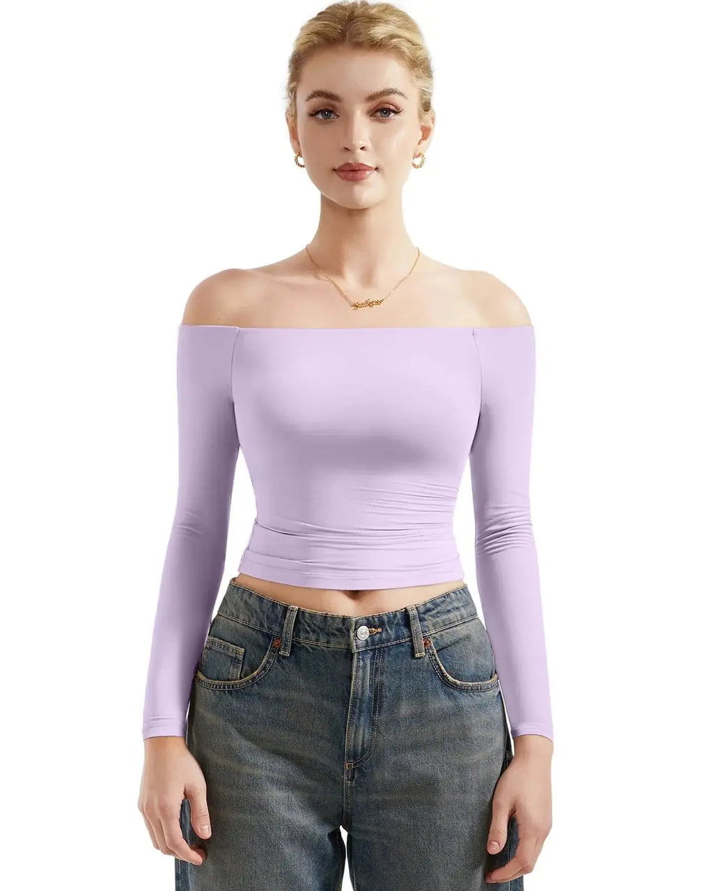 SUUKSESS Women Off Shoulder Double Lined Long Sleeve Shirts - X-Small Lilac