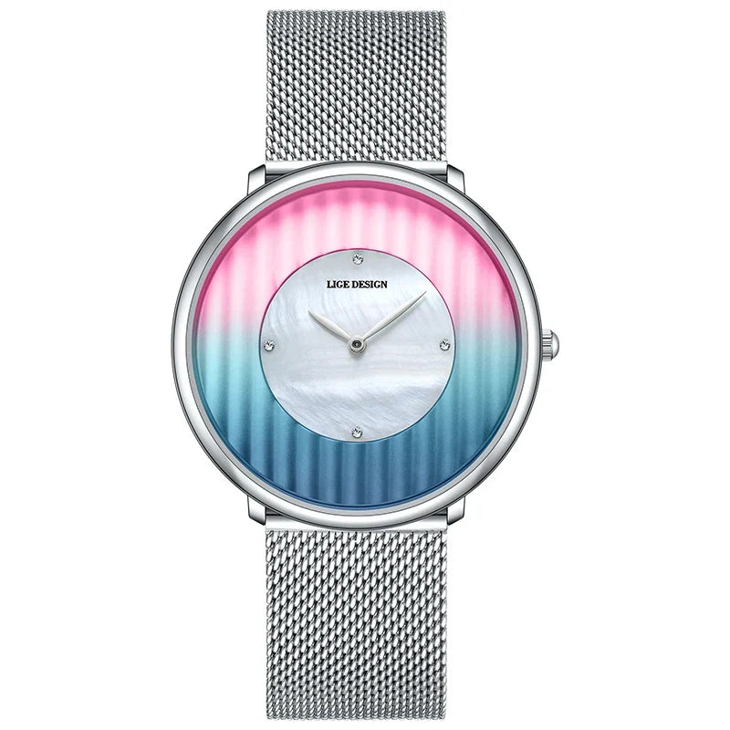 Women's Slim Mesh Band Watch Pink Blue Gradient Quartz