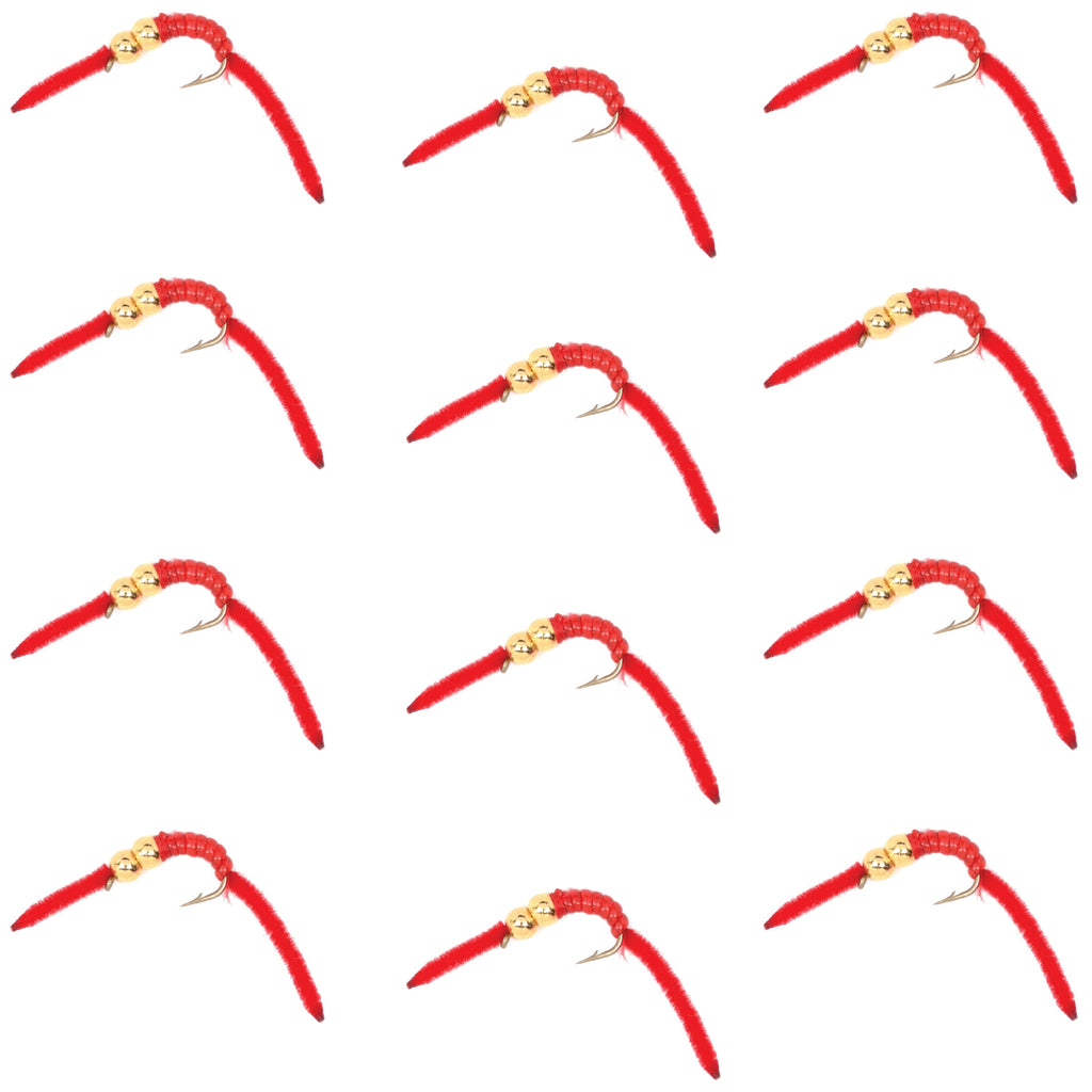 San Juan Double Bead Power Worm Red V-Rib - 1 Dozen Nymph Flies Hook Size 10
