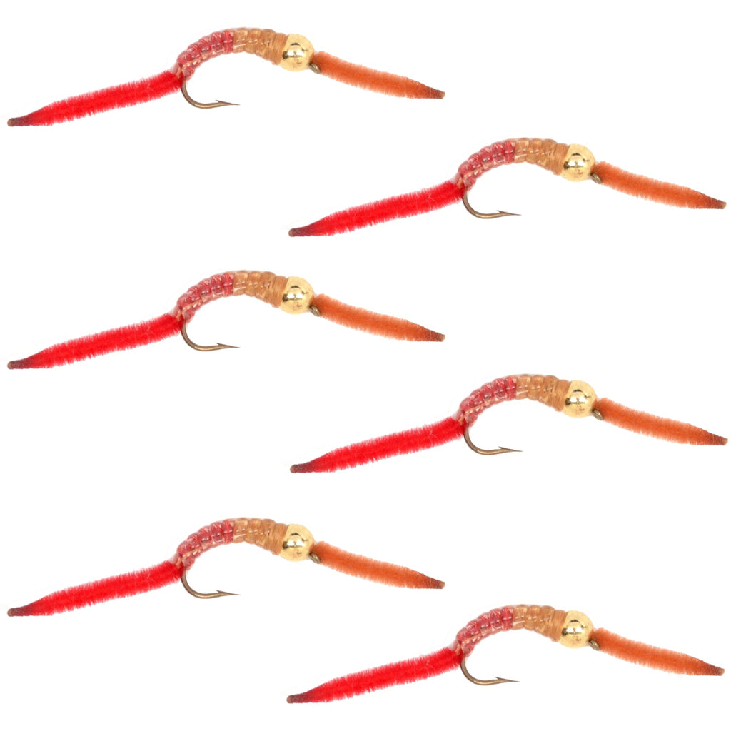 San Juan Worm Gold Bead Power Worm  Half and Half - Set of 6 Nymph Flies Hook Size 14