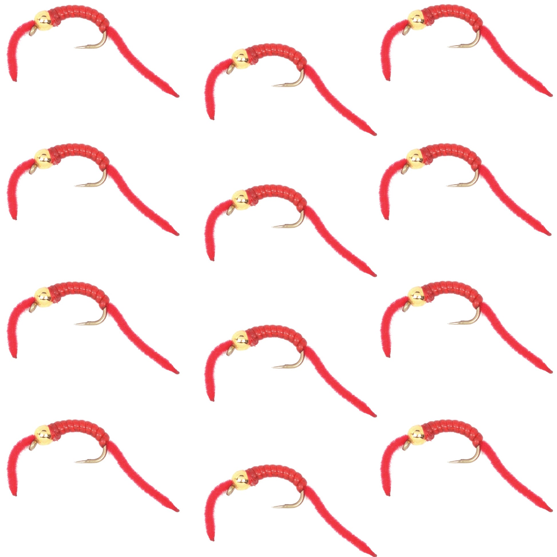 San Juan Worm Bead Head Power Worm Red V-Rib - 1 Dozen Nymph Flies Hook Size 10