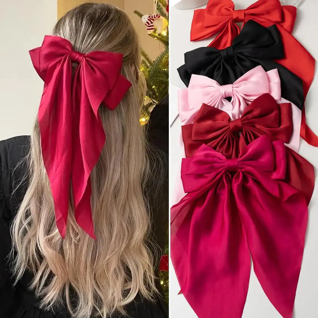 Satin Big Bows & Clips Set for Thick & Thin Hair – 5 PCS Bow-Knot Non-Slip Claw Clips for Women