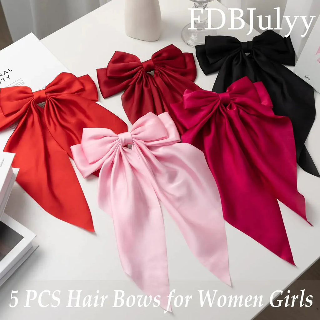 Satin Big Bows & Clips Set for Thick & Thin Hair – 5 PCS Bow-Knot Non-Slip Claw Clips for Women