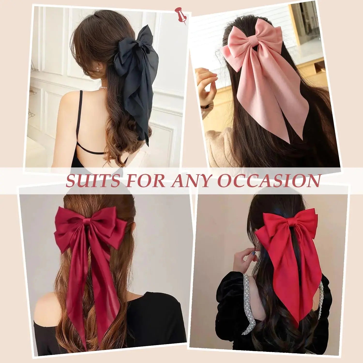 Satin Big Bows & Clips Set for Thick & Thin Hair – 5 PCS Bow-Knot Non-Slip Claw Clips for Women