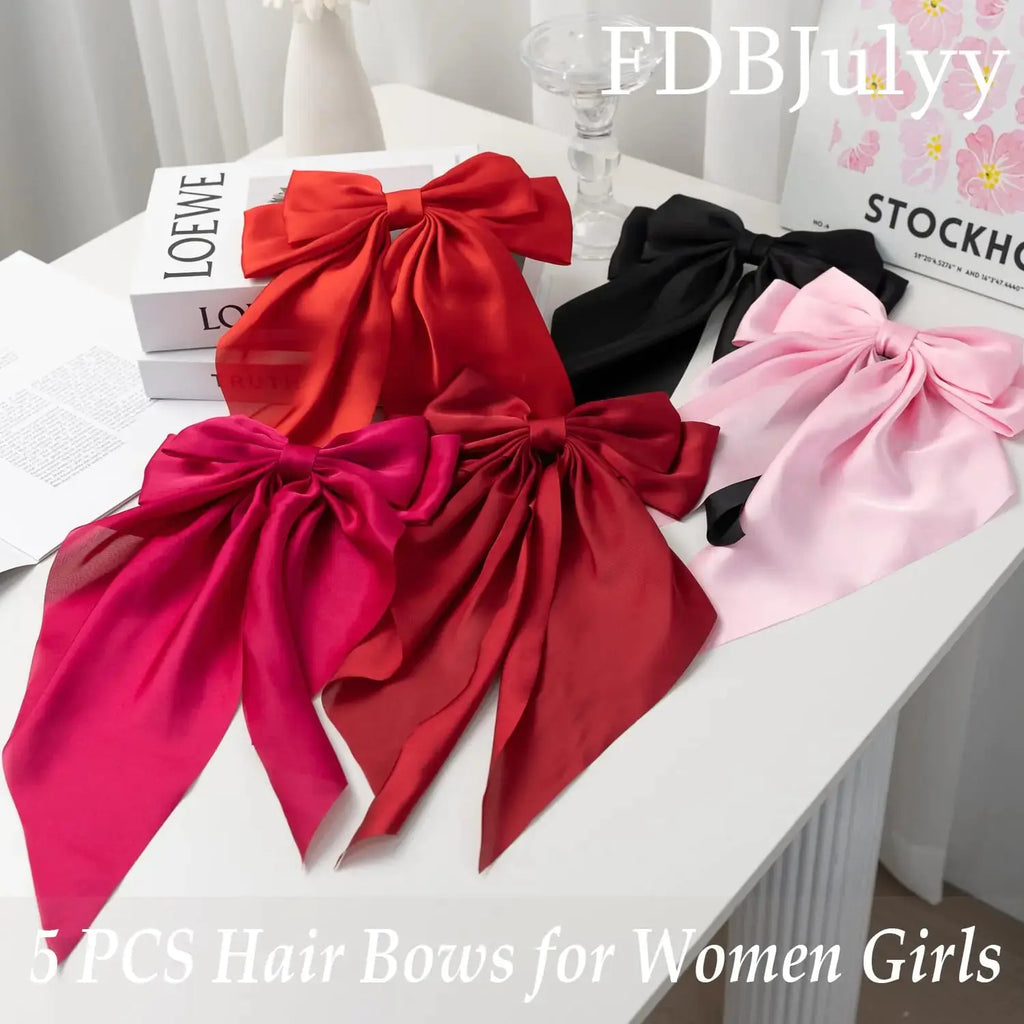 Satin Big Bows & Clips Set for Thick & Thin Hair – 5 PCS Bow-Knot Non-Slip Claw Clips for Women