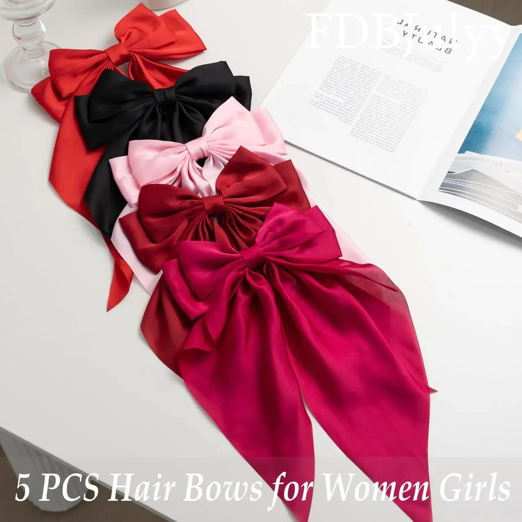 Satin Big Bows & Clips Set for Thick & Thin Hair – 5 PCS Bow-Knot Non-Slip Claw Clips for Women