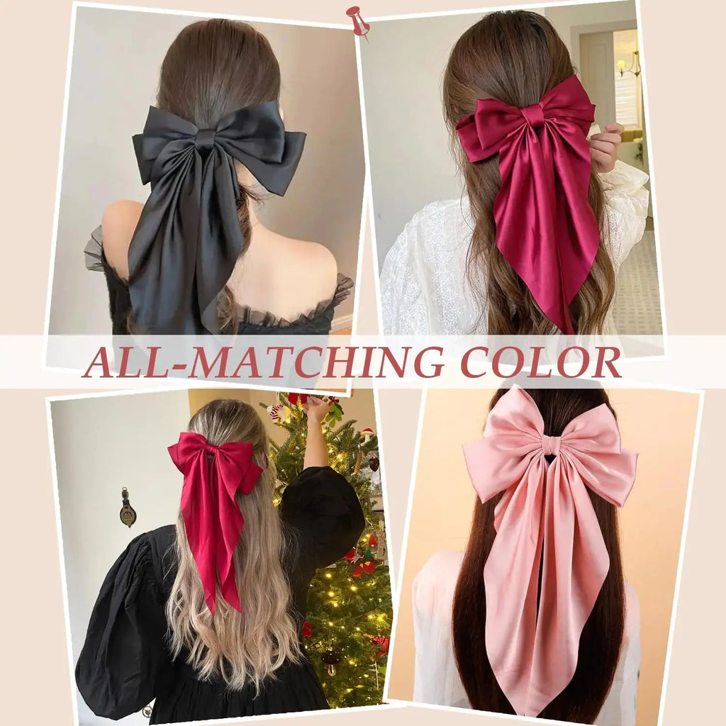 Satin Big Bows & Clips Set for Thick & Thin Hair – 5 PCS Bow-Knot Non-Slip Claw Clips for Women