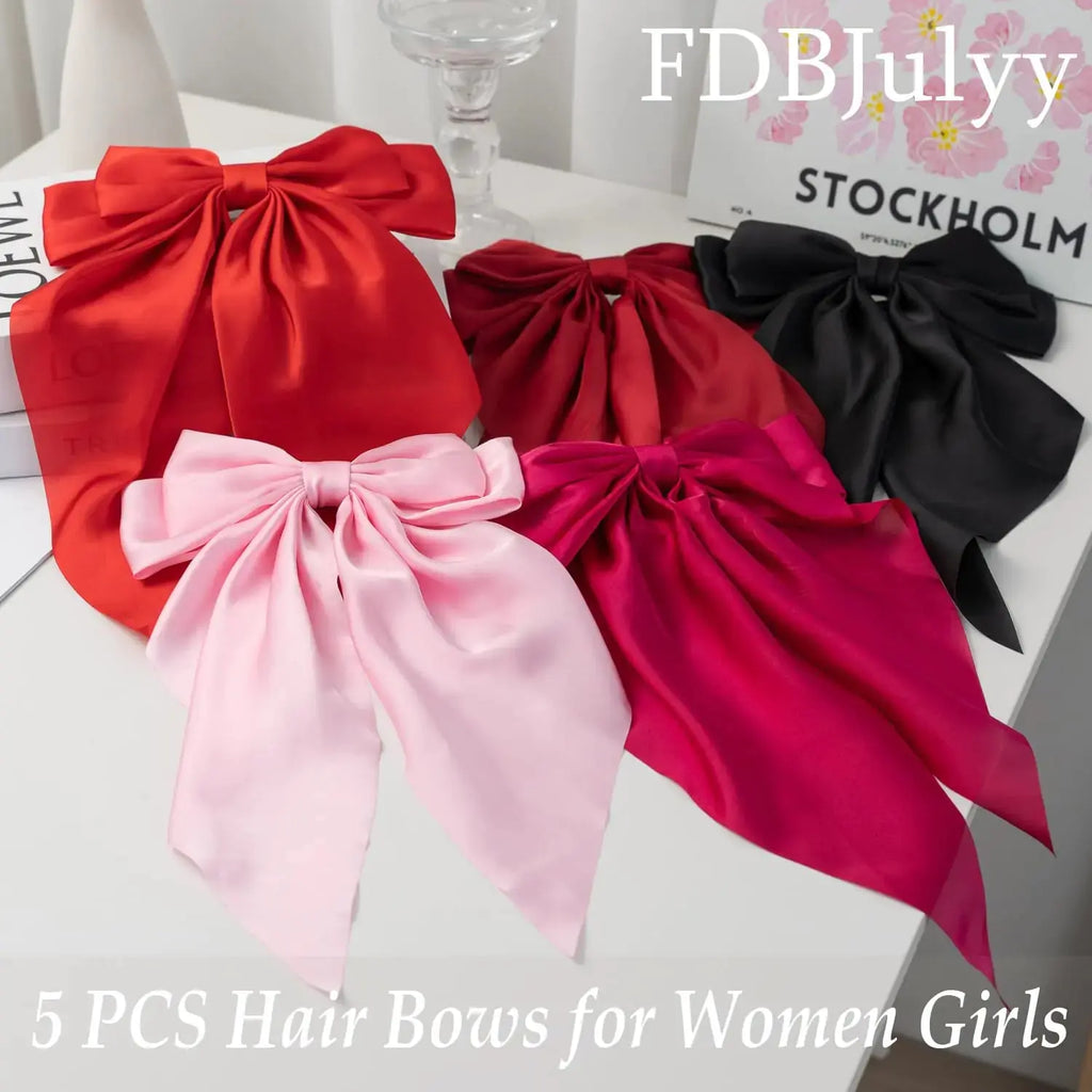 Satin Big Bows & Clips Set for Thick & Thin Hair – 5 PCS Bow-Knot Non-Slip Claw Clips for Women