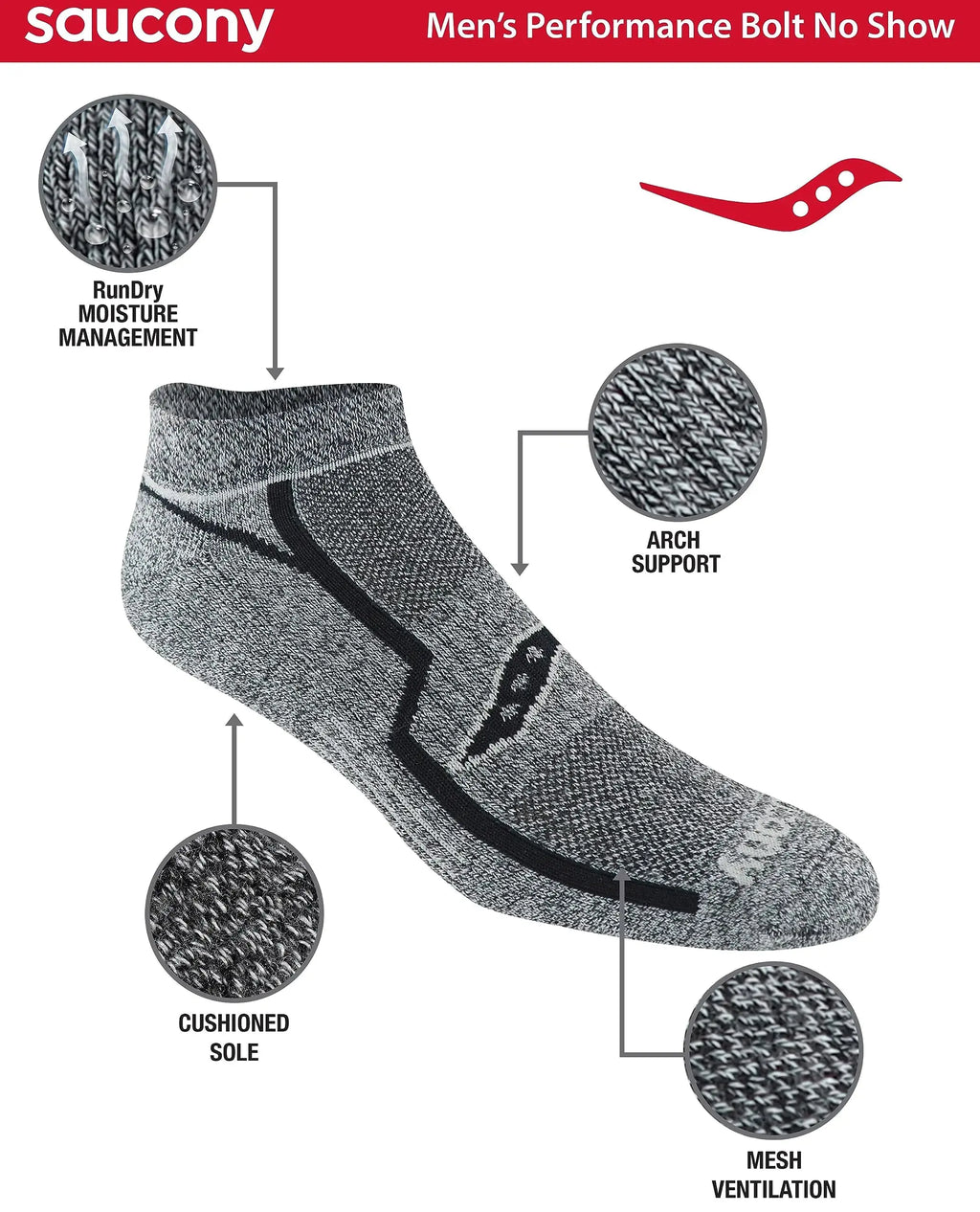 Saucony Men's RunDry Bolt Performance No-Show Socks (6 Pairs) - Grey/Black, M-XXL