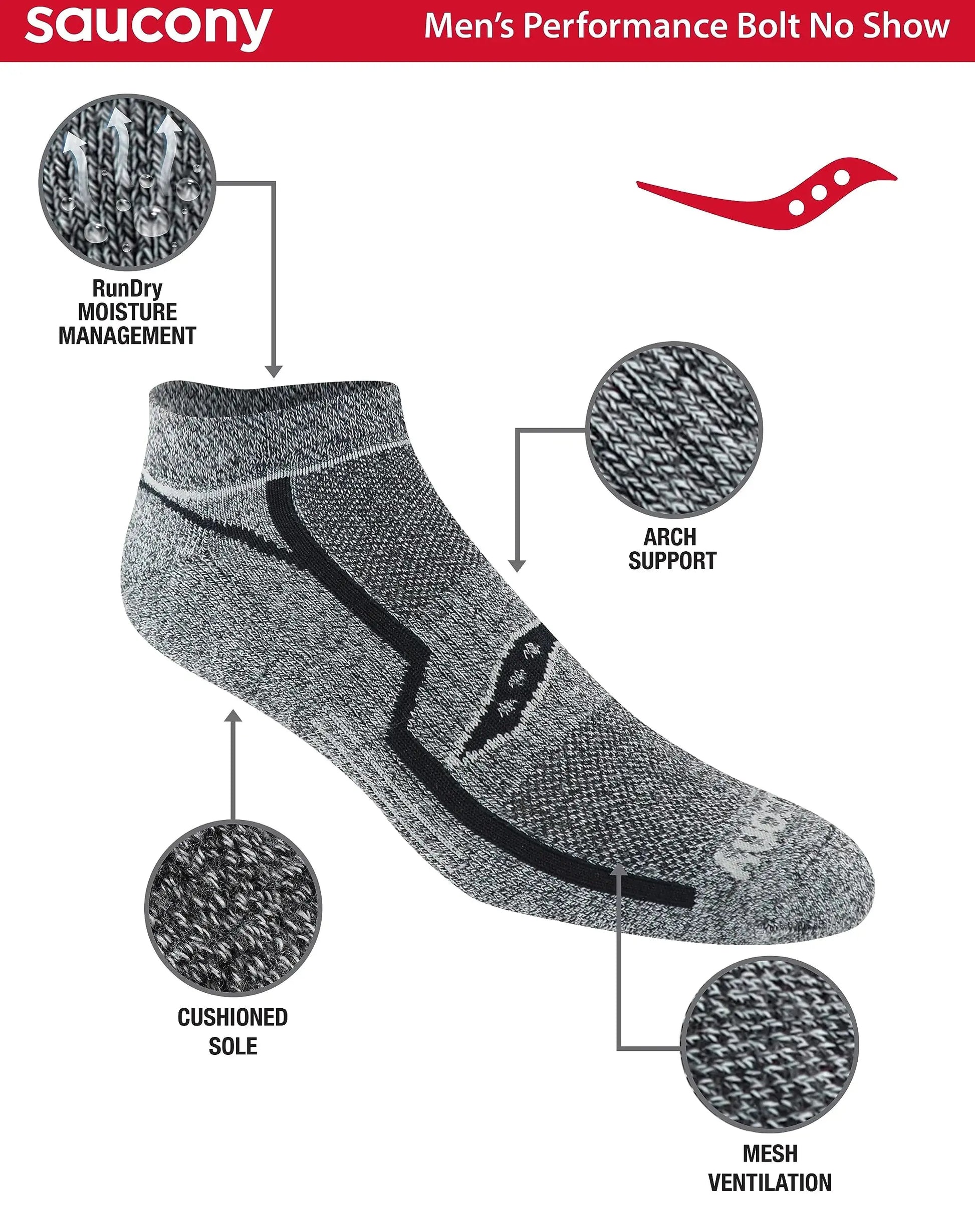 Saucony Men's RunDry Bolt Performance No-Show Socks (6 Pairs) - Grey/Black, M-XXL