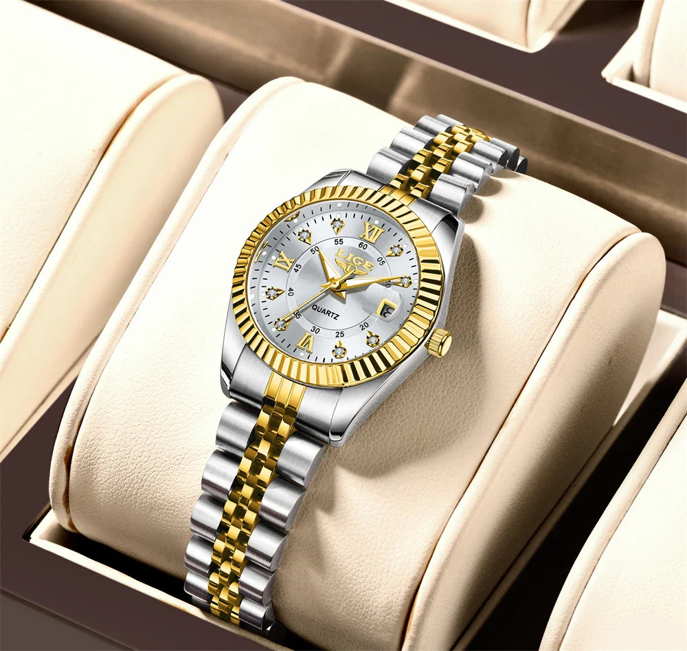 Women's Two Tone Stainless Steel Date Watch Elegant Quartz