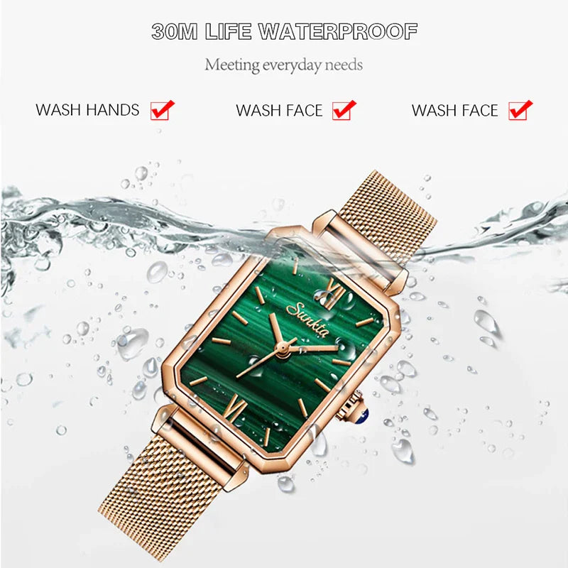 Women's Rectangular Green Dial Mesh Band Quartz Watch