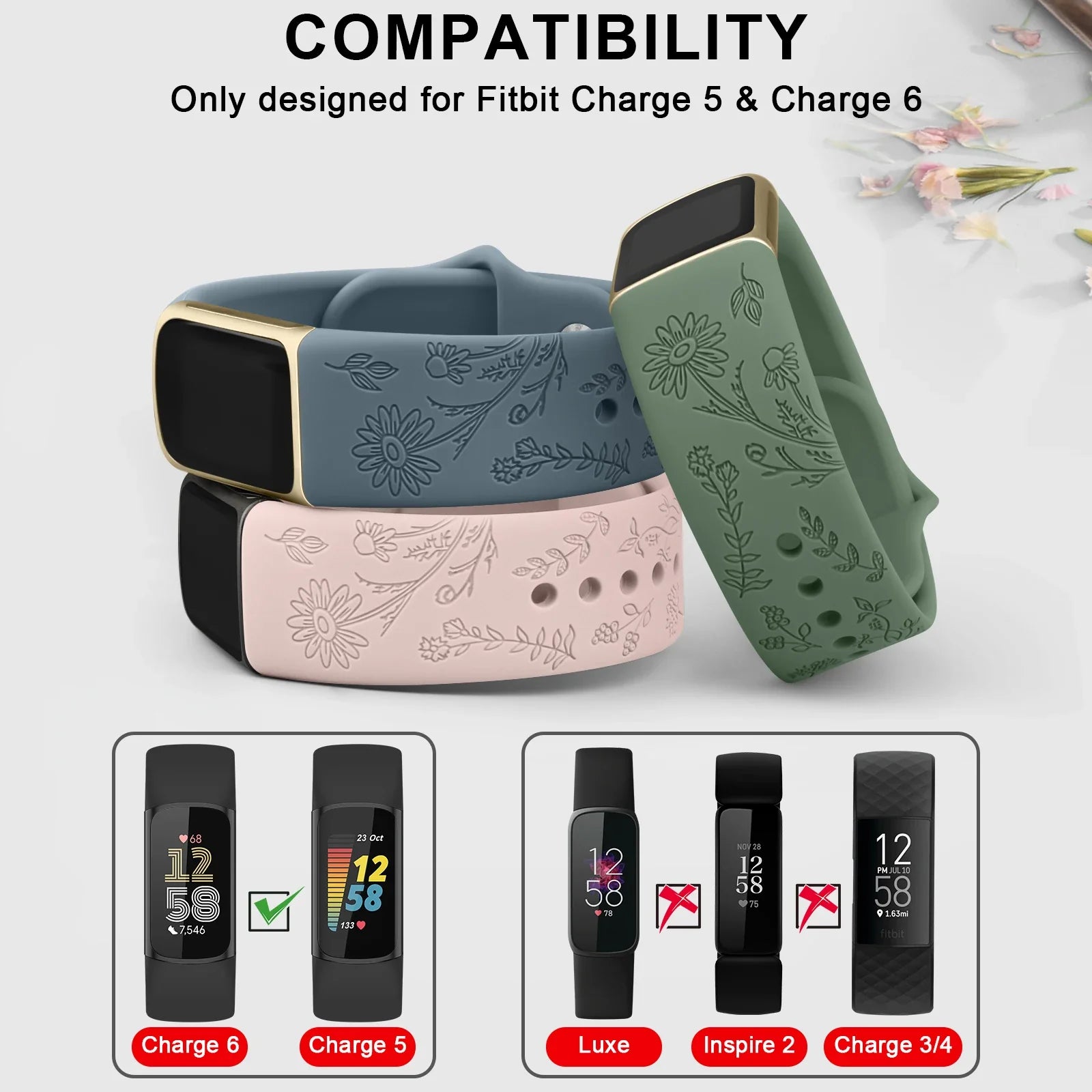 Fitbit Charge 5 6 Silicone Flower Engraved Soft Strap