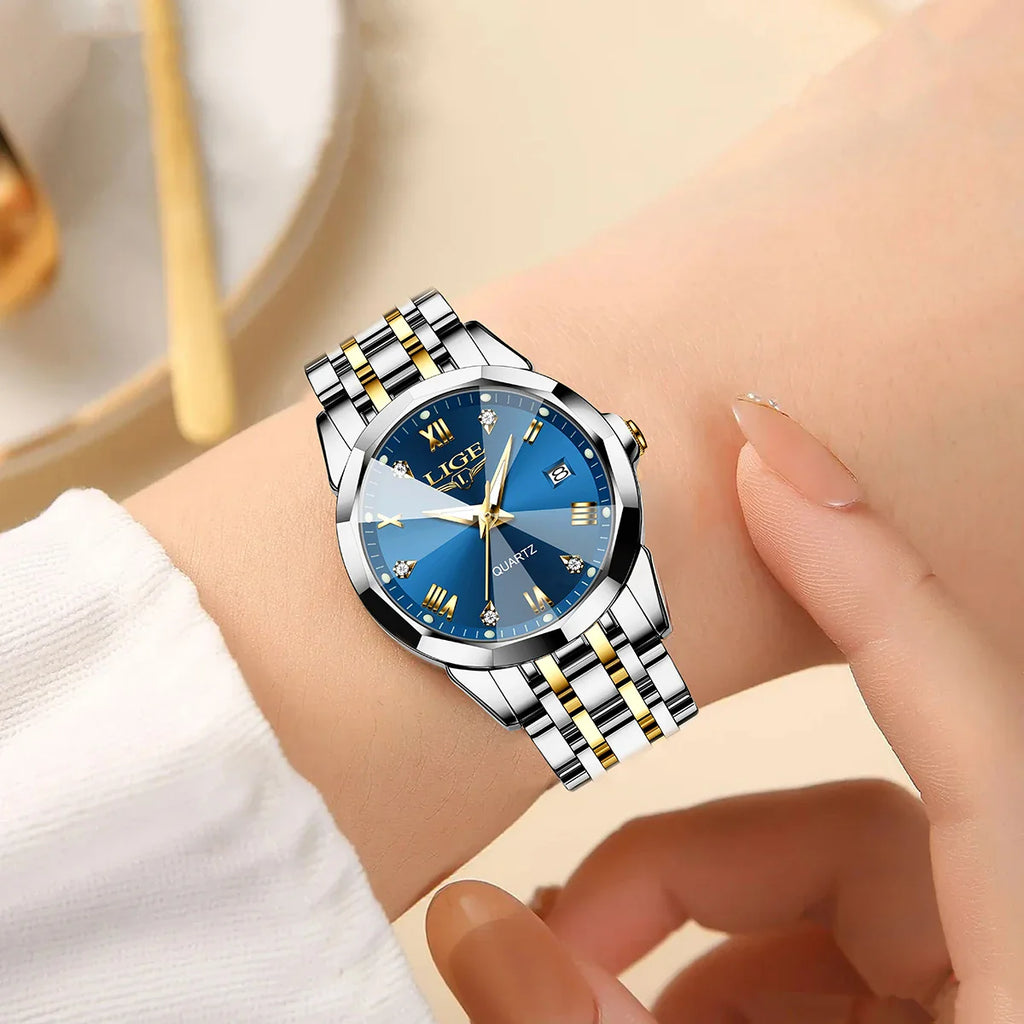 Women's Blue Sunburst Dial Two Tone Stainless Watch