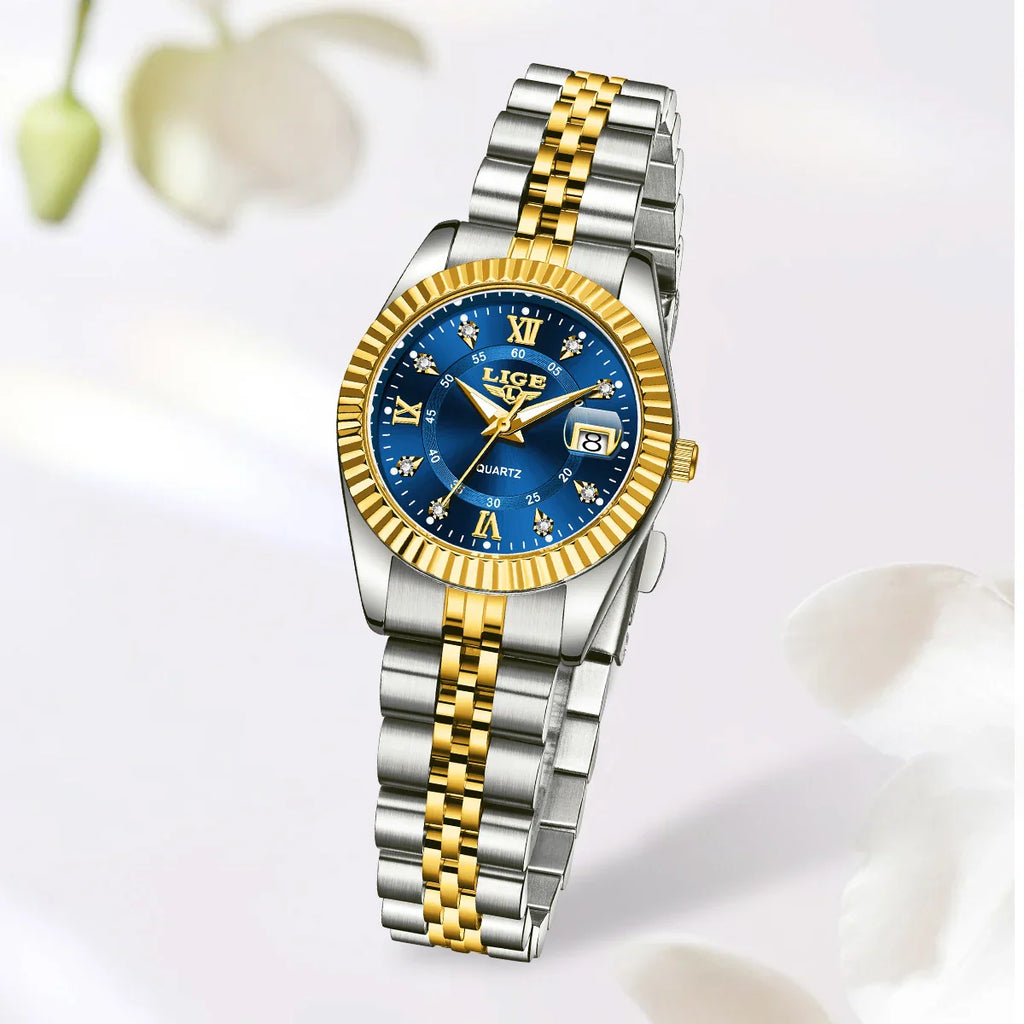 Women's Two Tone Stainless Steel Date Watch Elegant Quartz