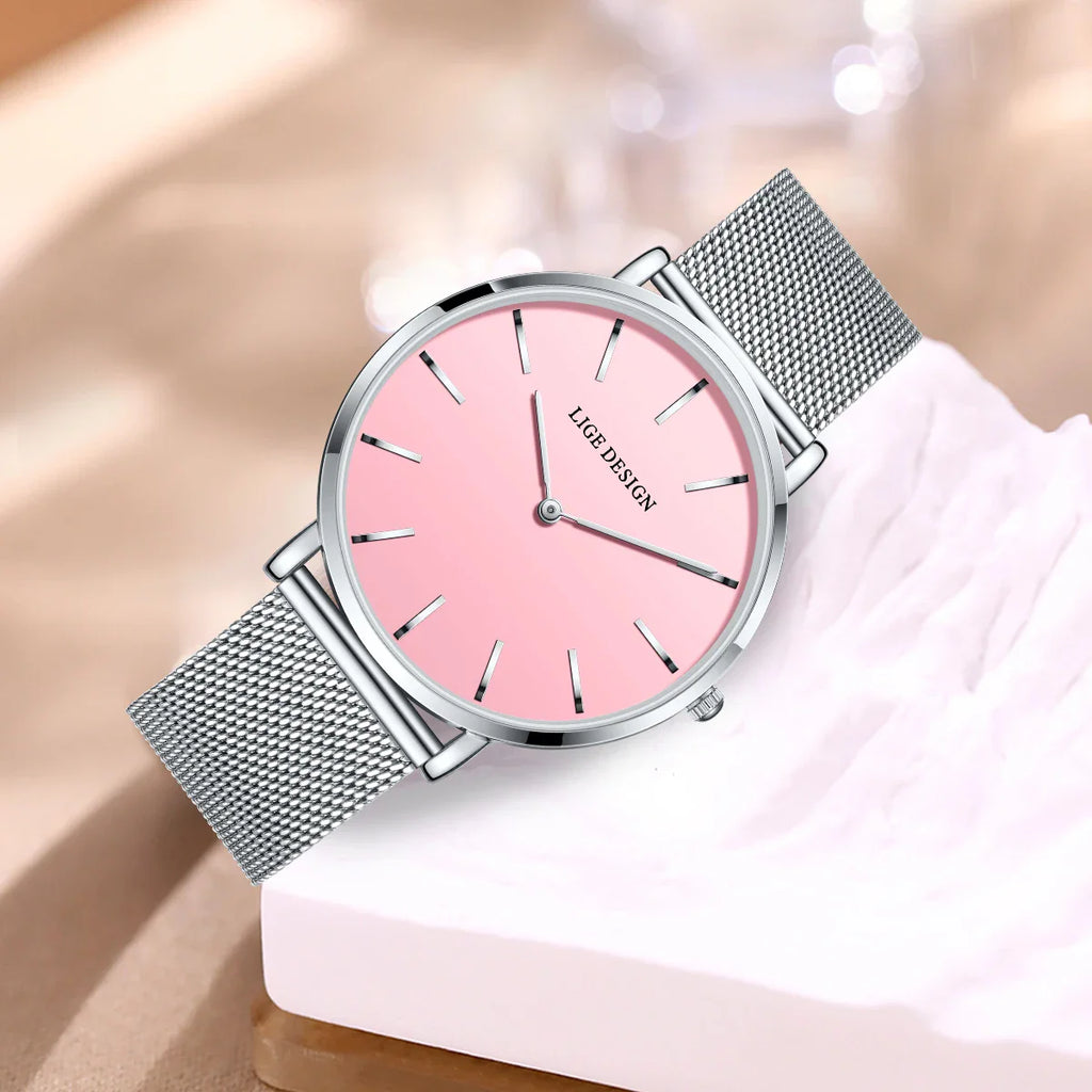 Women's Pink Dial Mesh Band Slim Stainless Steel Watch