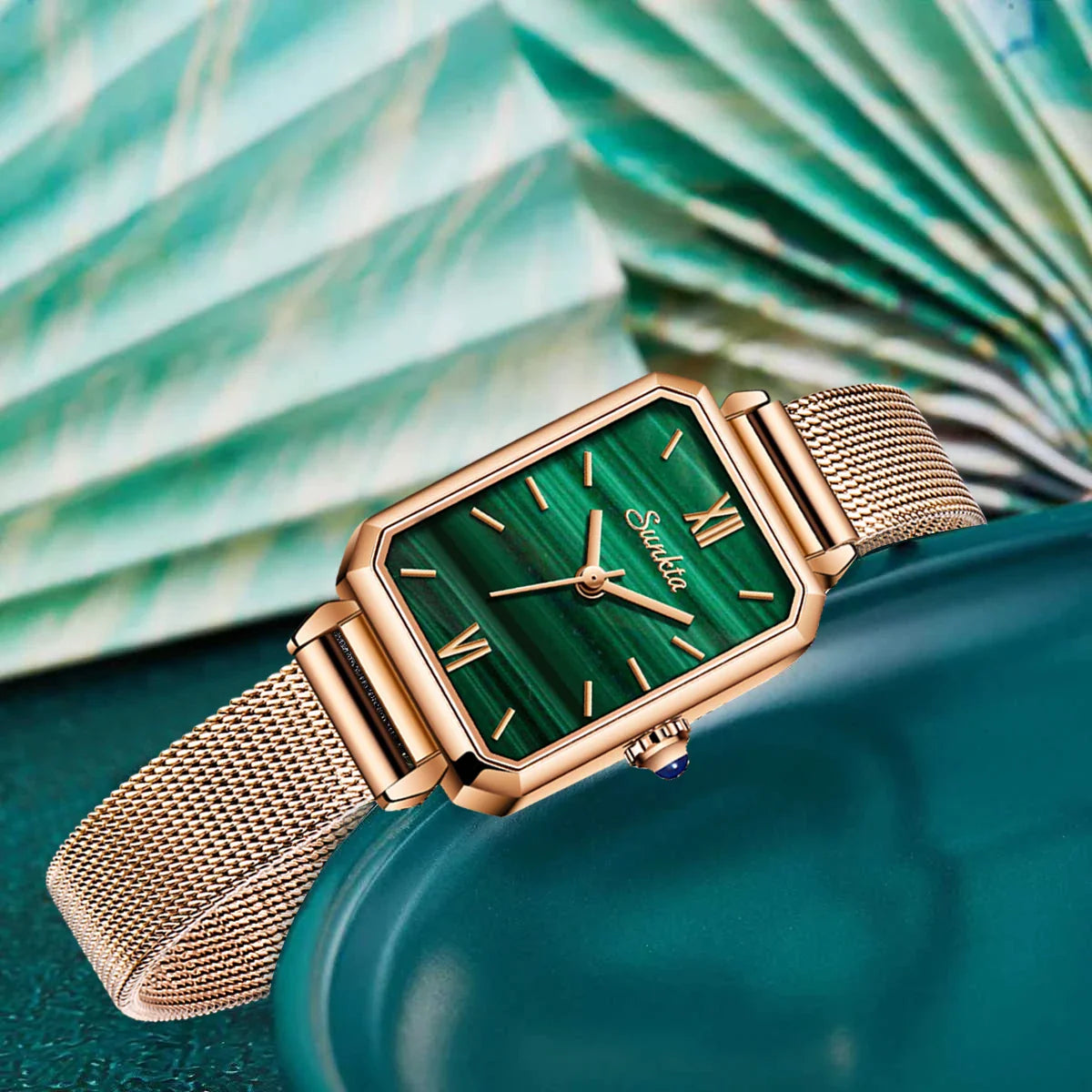 Women's Rectangular Green Dial Mesh Band Quartz Watch