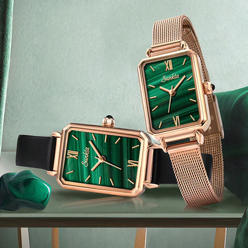 Women's Rectangular Green Dial Mesh Band Quartz Watch