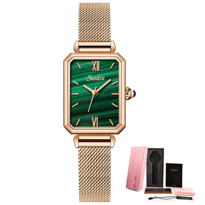 Women's Rectangular Green Dial Mesh Band Quartz Watch